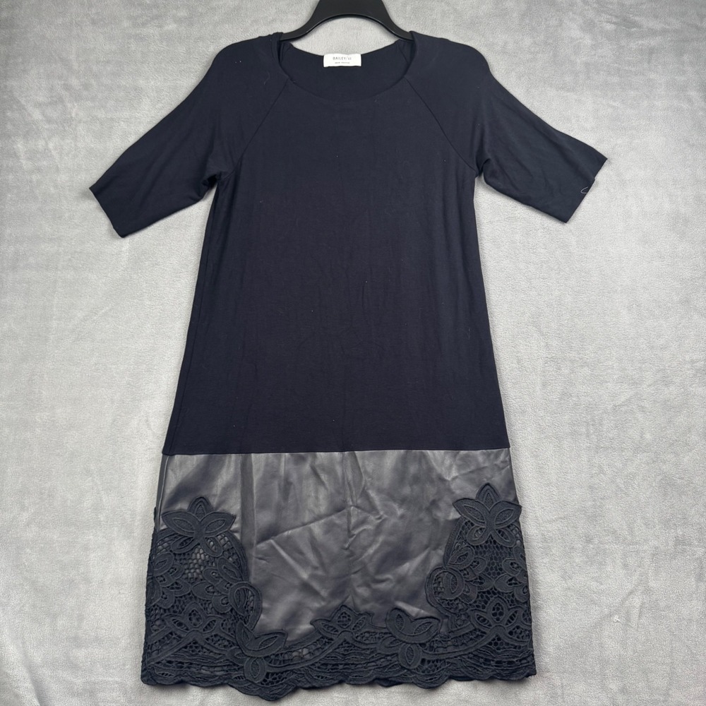 Bailey/44 Black Mixed Media Faux Leather Lace Hem Shift Dress Medium Made in USA